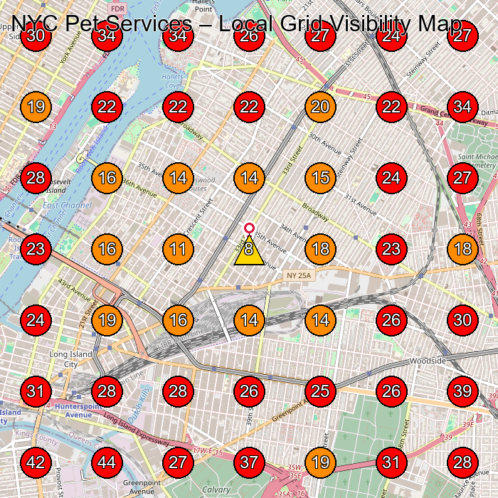 NYC Pet Services GeoGrid visibility map for Coffee Shops in Queens